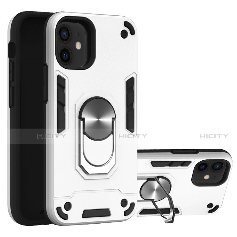 Custodia Silicone e Plastica Opaca Cover con Magnetico Anello Supporto S05 per Apple iPhone 12 Mini Argento