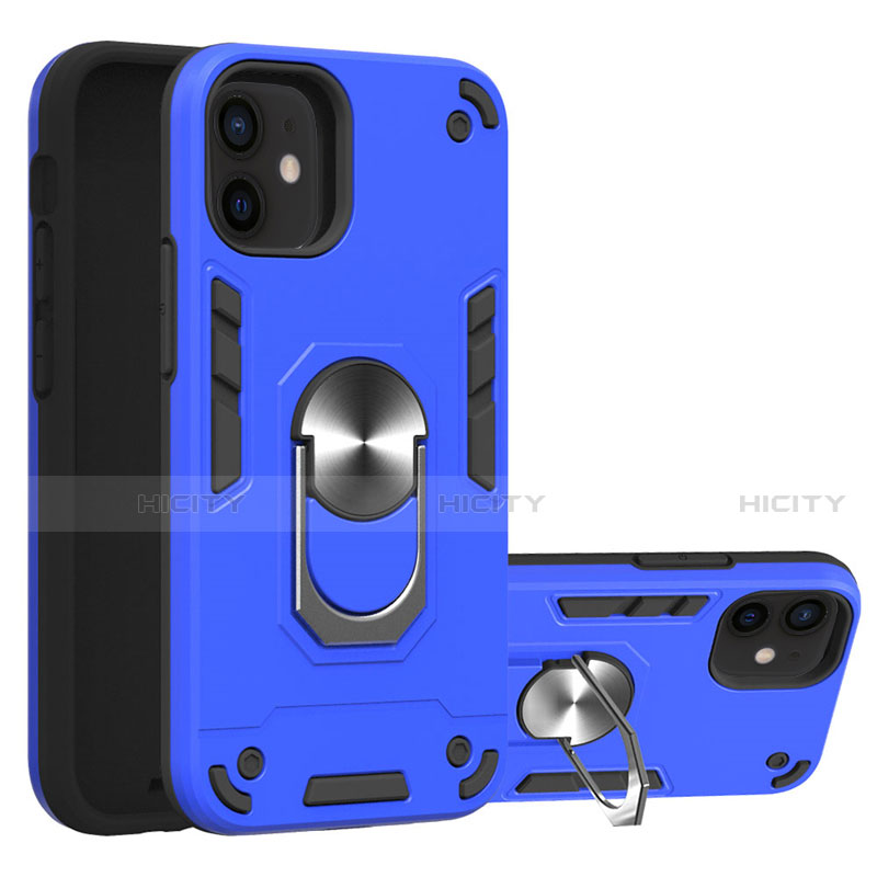 Custodia Silicone e Plastica Opaca Cover con Magnetico Anello Supporto S05 per Apple iPhone 12 Mini Blu