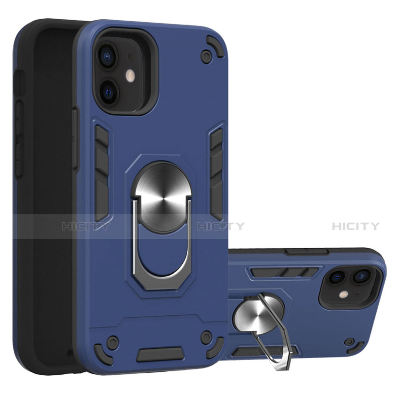 Custodia Silicone e Plastica Opaca Cover con Magnetico Anello Supporto S05 per Apple iPhone 12 Mini Blu Notte