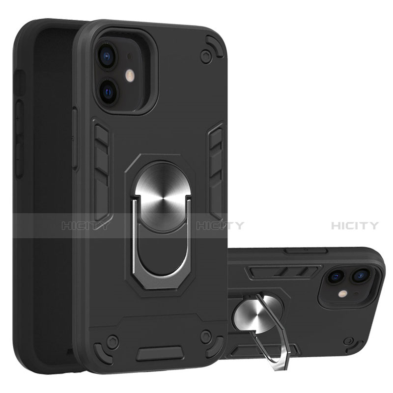Custodia Silicone e Plastica Opaca Cover con Magnetico Anello Supporto S05 per Apple iPhone 12 Nero