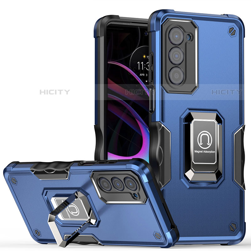 Custodia Silicone e Plastica Opaca Cover con Magnetico Anello Supporto S05 per Motorola Moto Edge (2021) 5G Blu