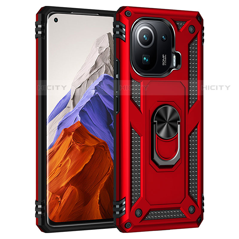 Custodia Silicone e Plastica Opaca Cover con Magnetico Anello Supporto S05 per Xiaomi Mi 11 Pro 5G Rosso
