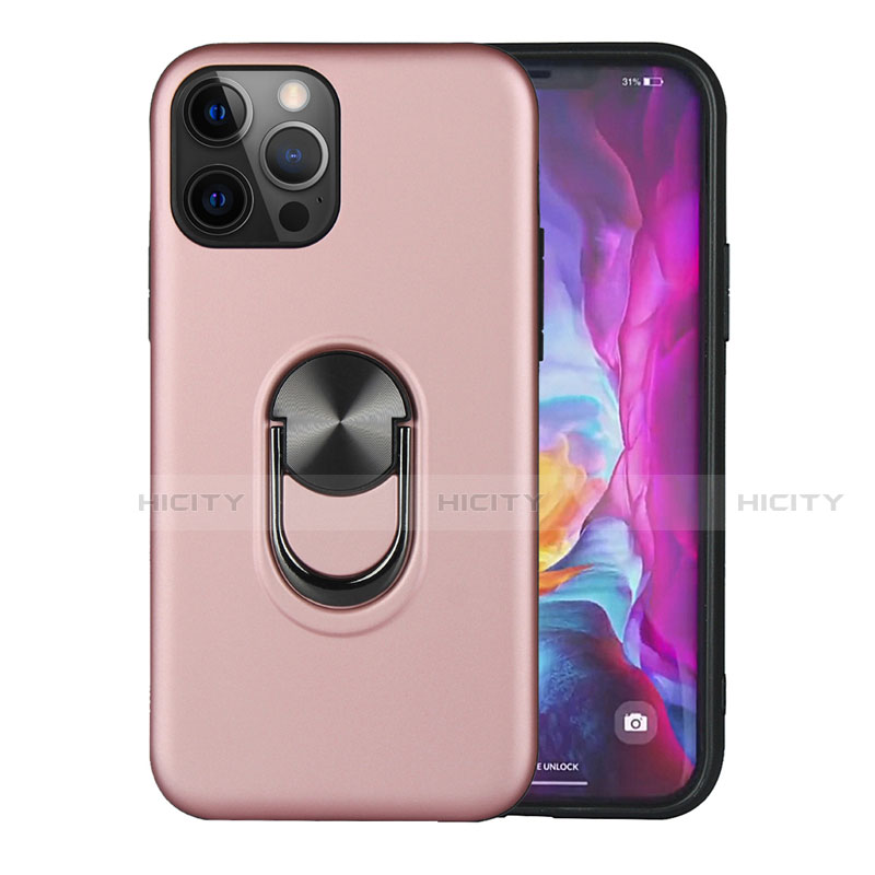 Custodia Silicone e Plastica Opaca Cover con Magnetico Anello Supporto S06 per Apple iPhone 12 Pro Oro Rosa