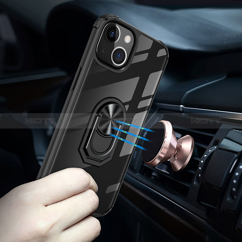 Custodia Silicone e Plastica Opaca Cover con Magnetico Anello Supporto S06 per Apple iPhone 15