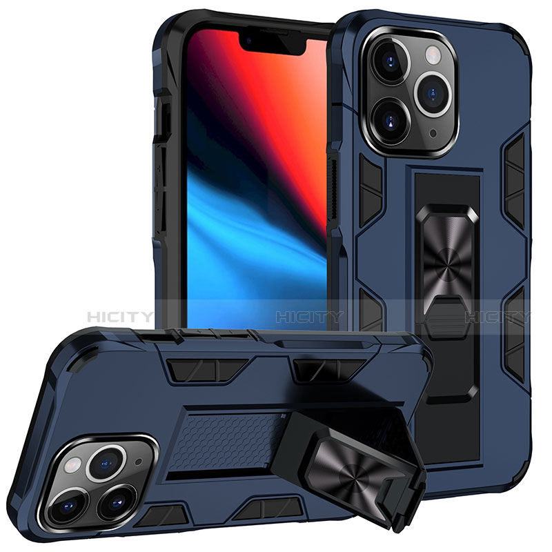 Custodia Silicone e Plastica Opaca Cover con Magnetico Anello Supporto S07 per Apple iPhone 13 Pro Max Blu
