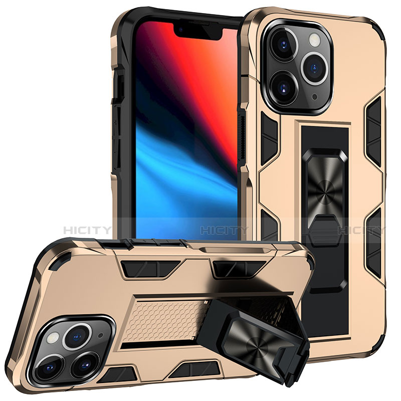 Custodia Silicone e Plastica Opaca Cover con Magnetico Anello Supporto S07 per Apple iPhone 13 Pro Max Oro