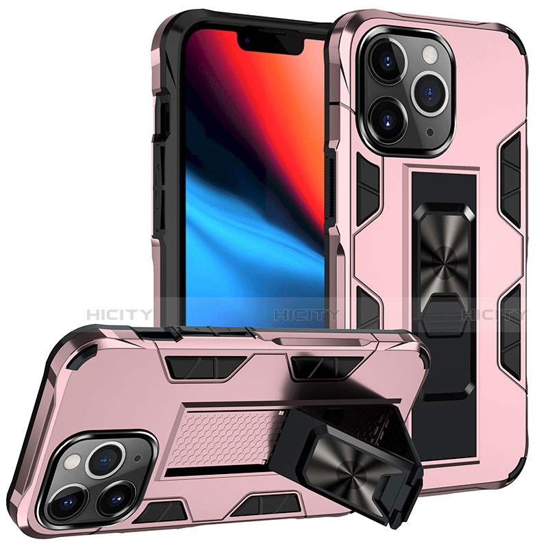Custodia Silicone e Plastica Opaca Cover con Magnetico Anello Supporto S07 per Apple iPhone 13 Pro Max Oro Rosa