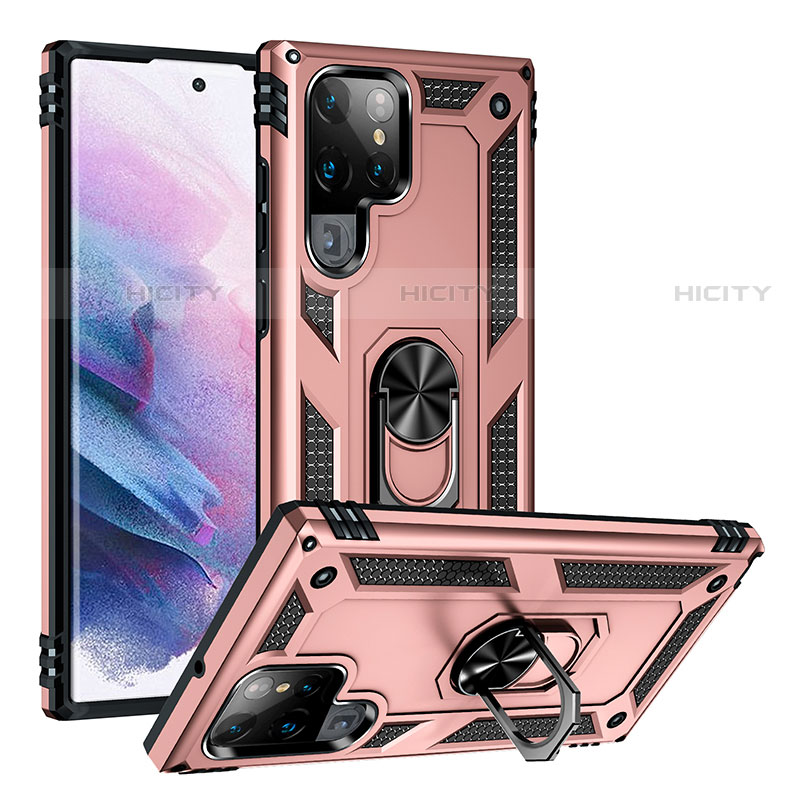 Custodia Silicone e Plastica Opaca Cover con Magnetico Anello Supporto T03 per Samsung Galaxy S21 Ultra 5G Oro Rosa