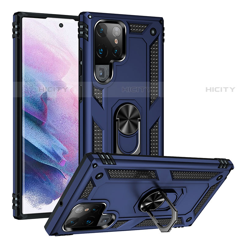 Custodia Silicone e Plastica Opaca Cover con Magnetico Anello Supporto T03 per Samsung Galaxy S23 Ultra 5G Blu