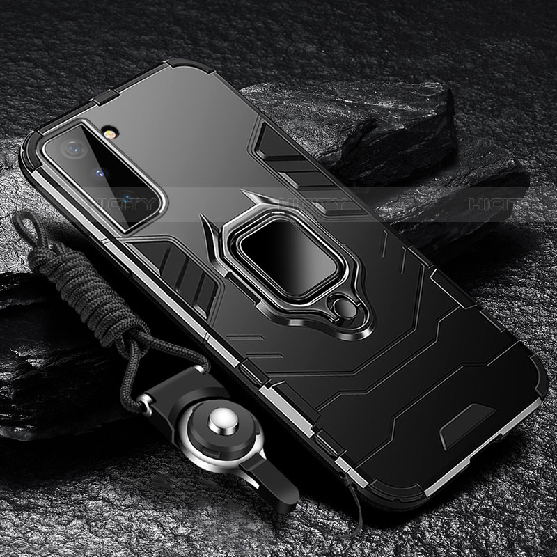 Custodia Silicone e Plastica Opaca Cover con Magnetico Anello Supporto T06 per Samsung Galaxy S21 5G Nero