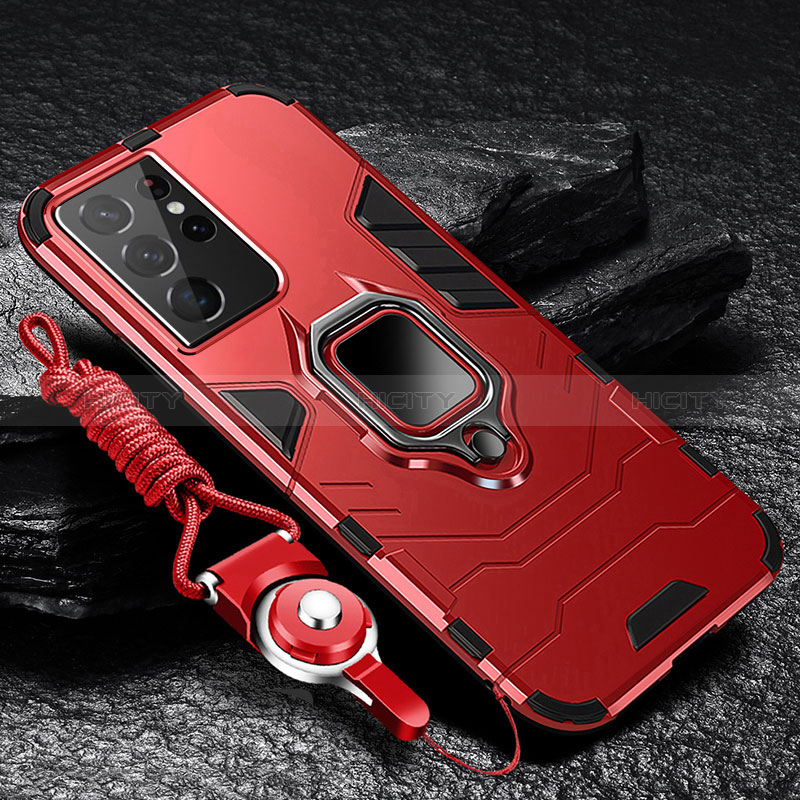 Custodia Silicone e Plastica Opaca Cover con Magnetico Anello Supporto T06 per Samsung Galaxy S24 Ultra 5G Rosso