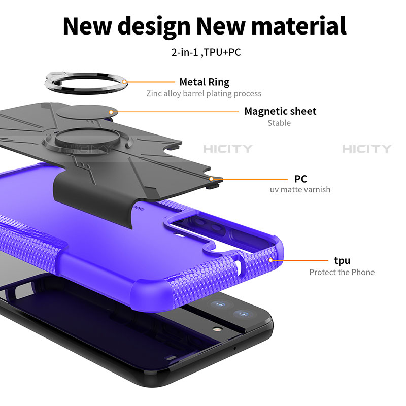 Custodia Silicone e Plastica Opaca Cover con Magnetico Anello Supporto T08 per Samsung Galaxy S21 FE 5G