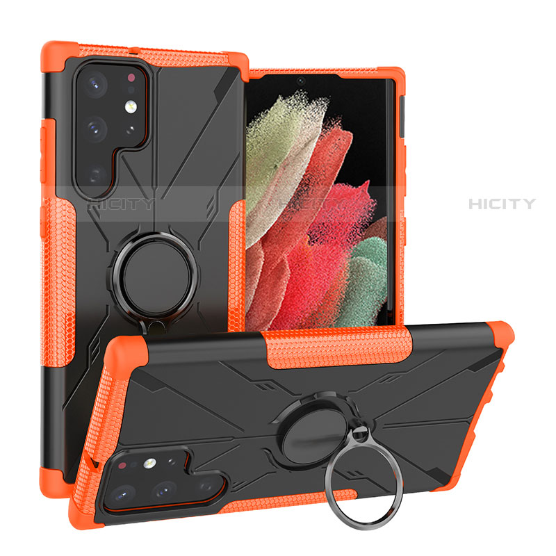 Custodia Silicone e Plastica Opaca Cover con Magnetico Anello Supporto T08 per Samsung Galaxy S21 Ultra 5G Arancione