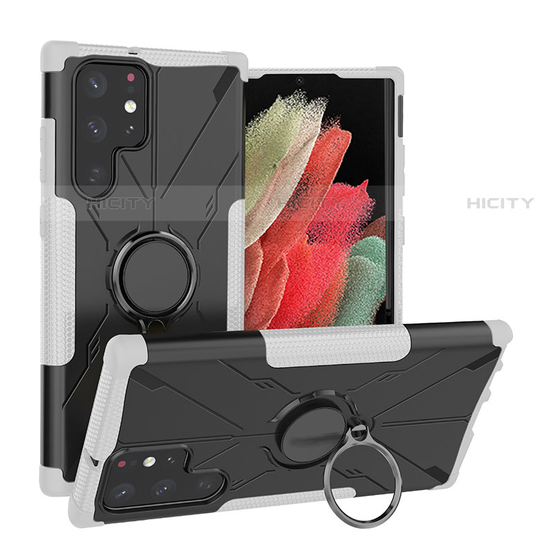 Custodia Silicone e Plastica Opaca Cover con Magnetico Anello Supporto T08 per Samsung Galaxy S21 Ultra 5G Grigio