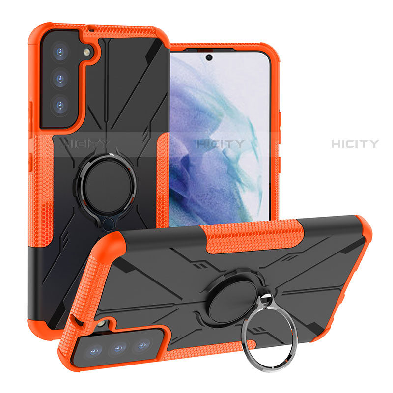Custodia Silicone e Plastica Opaca Cover con Magnetico Anello Supporto T08 per Samsung Galaxy S22 5G Arancione