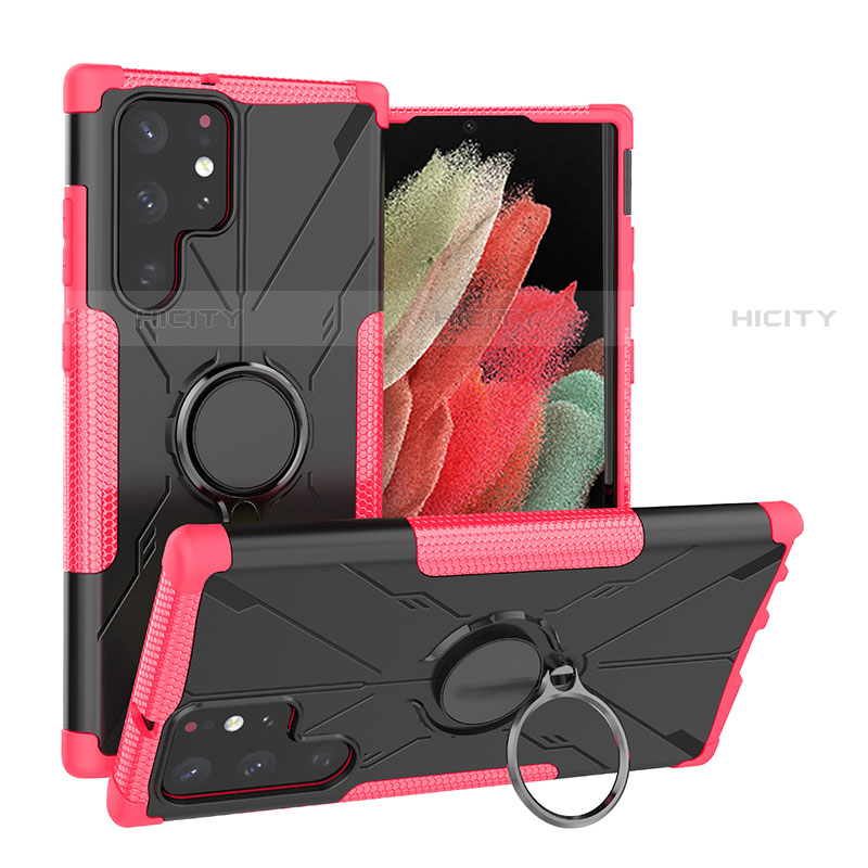 Custodia Silicone e Plastica Opaca Cover con Magnetico Anello Supporto T08 per Samsung Galaxy S22 Ultra 5G Rosa Caldo