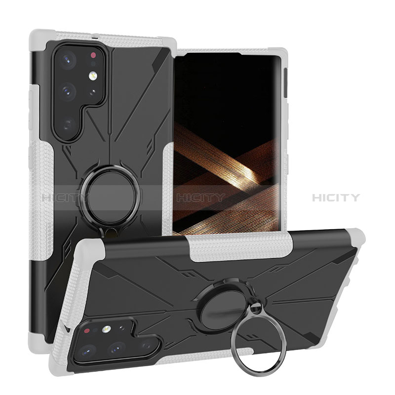 Custodia Silicone e Plastica Opaca Cover con Magnetico Anello Supporto T08 per Samsung Galaxy S24 Ultra 5G Grigio