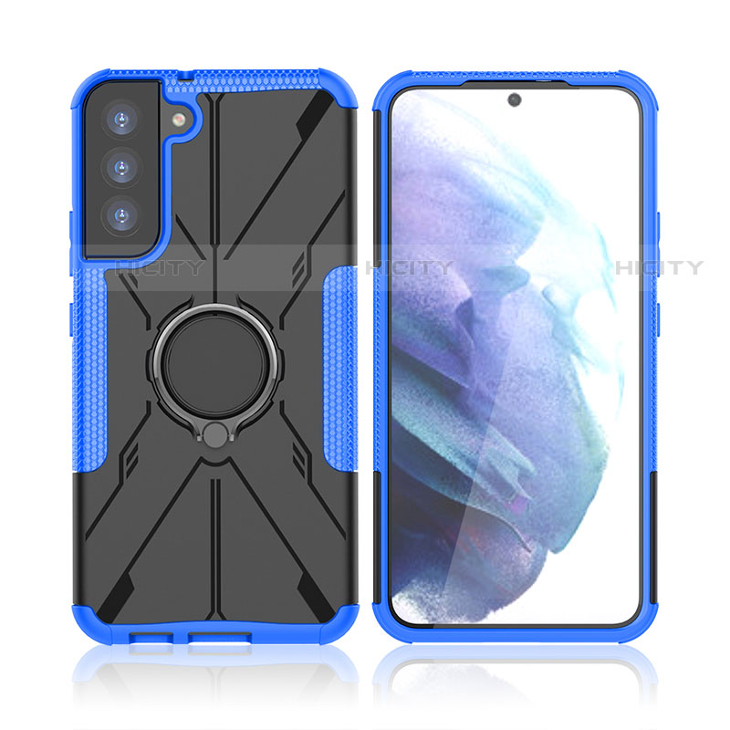 Custodia Silicone e Plastica Opaca Cover con Magnetico Anello Supporto T09 per Samsung Galaxy S21 FE 5G Blu