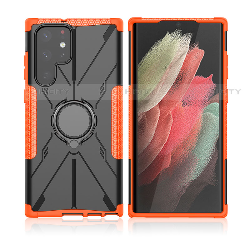 Custodia Silicone e Plastica Opaca Cover con Magnetico Anello Supporto T09 per Samsung Galaxy S21 Ultra 5G Arancione