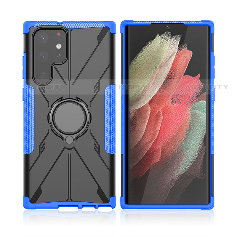 Custodia Silicone e Plastica Opaca Cover con Magnetico Anello Supporto T09 per Samsung Galaxy S21 Ultra 5G Blu