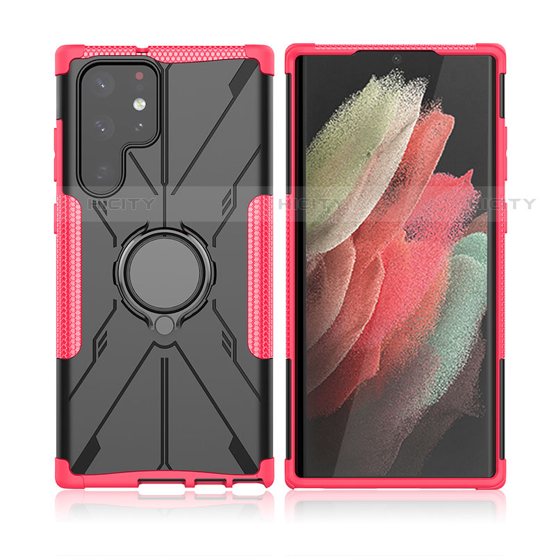 Custodia Silicone e Plastica Opaca Cover con Magnetico Anello Supporto T09 per Samsung Galaxy S21 Ultra 5G Rosa Caldo