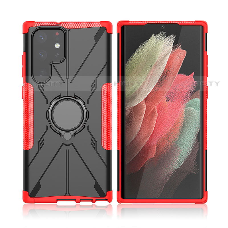Custodia Silicone e Plastica Opaca Cover con Magnetico Anello Supporto T09 per Samsung Galaxy S21 Ultra 5G Rosso