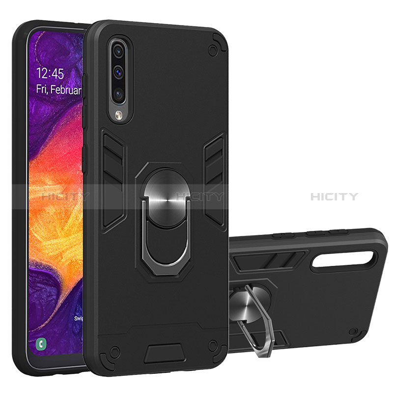 Custodia Silicone e Plastica Opaca Cover con Magnetico Anello Supporto Y01B per Samsung Galaxy A50 Nero