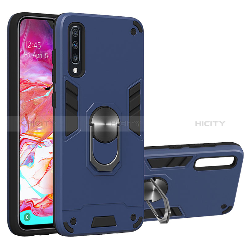 Custodia Silicone e Plastica Opaca Cover con Magnetico Anello Supporto Y01B per Samsung Galaxy A70S Blu