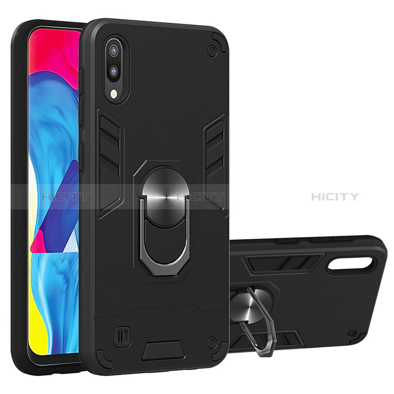 Custodia Silicone e Plastica Opaca Cover con Magnetico Anello Supporto Y01B per Samsung Galaxy M10 Nero