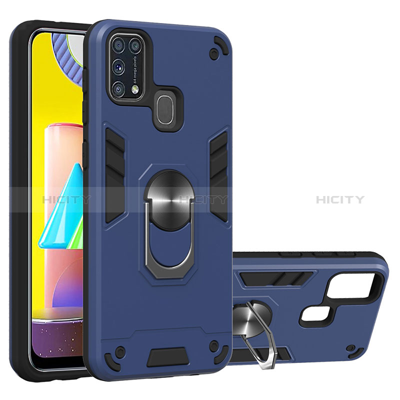 Custodia Silicone e Plastica Opaca Cover con Magnetico Anello Supporto Y01B per Samsung Galaxy M21s Blu