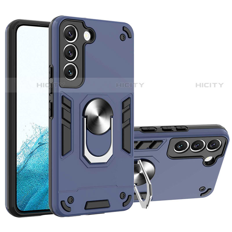 Custodia Silicone e Plastica Opaca Cover con Magnetico Anello Supporto Y01B per Samsung Galaxy S21 5G Blu