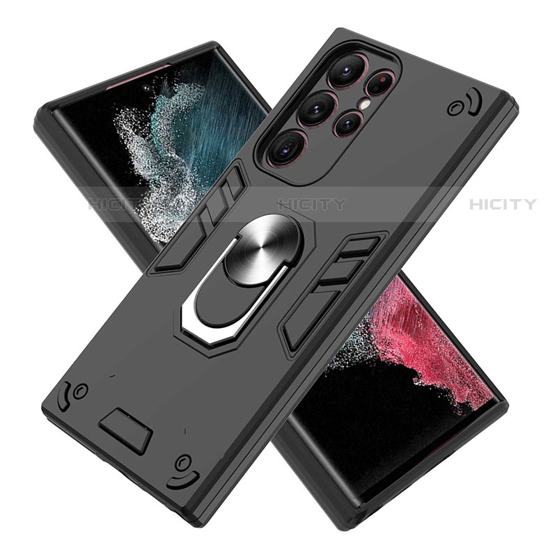 Custodia Silicone e Plastica Opaca Cover con Magnetico Anello Supporto Y01B per Samsung Galaxy S21 Ultra 5G