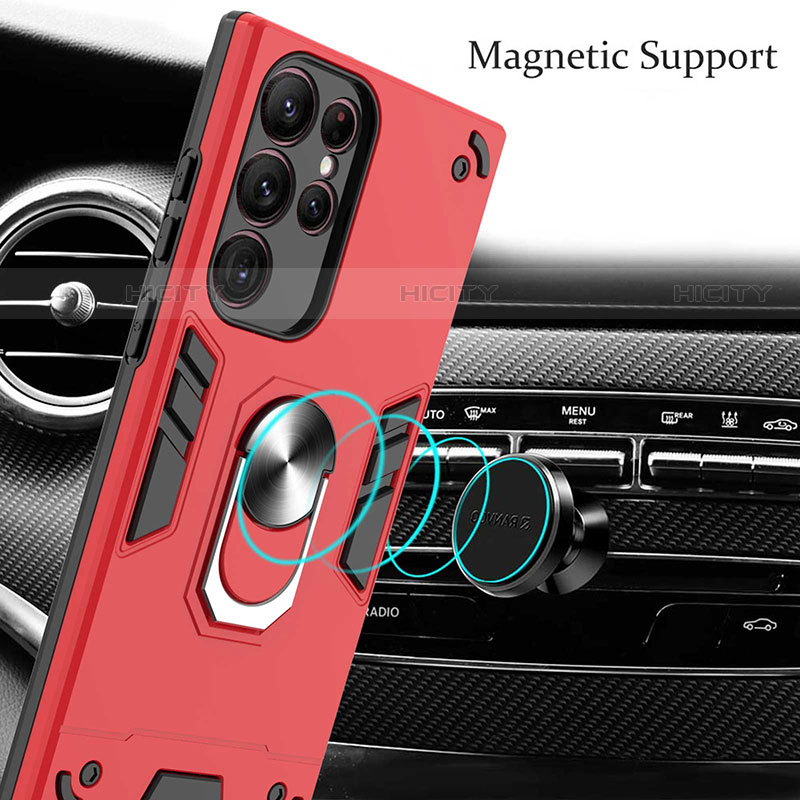 Custodia Silicone e Plastica Opaca Cover con Magnetico Anello Supporto Y01B per Samsung Galaxy S22 Ultra 5G