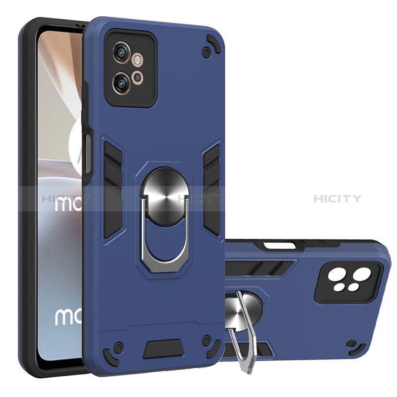 Custodia Silicone e Plastica Opaca Cover con Magnetico Anello Supporto YB1 per Motorola Moto G32 Blu