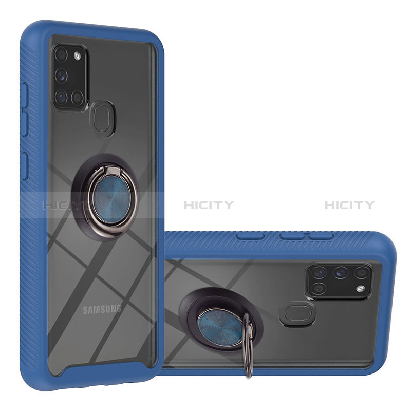 Custodia Silicone e Plastica Opaca Cover con Magnetico Anello Supporto YB1 per Samsung Galaxy A21s Blu