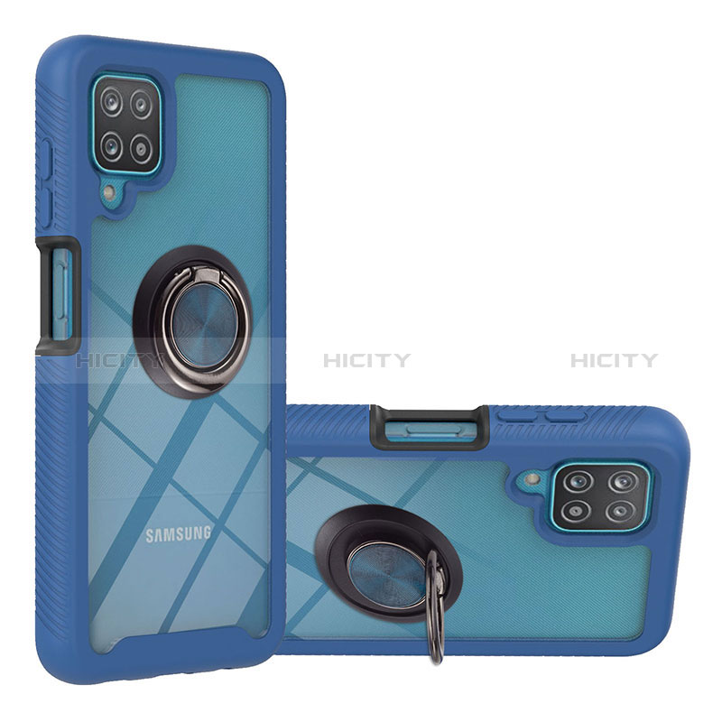 Custodia Silicone e Plastica Opaca Cover con Magnetico Anello Supporto YB1 per Samsung Galaxy M12 Blu