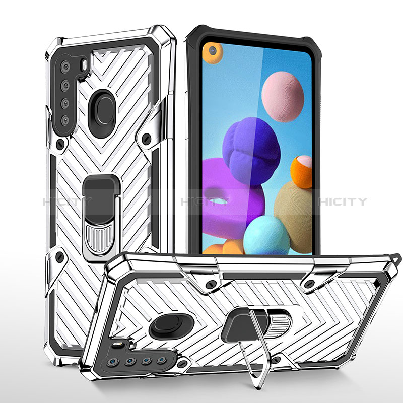 Custodia Silicone e Plastica Opaca Cover con Magnetico Anello Supporto YF1 per Samsung Galaxy A21 Argento