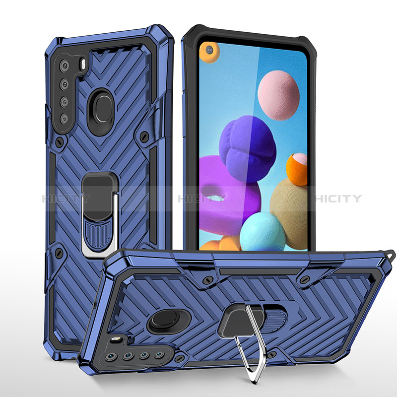 Custodia Silicone e Plastica Opaca Cover con Magnetico Anello Supporto YF1 per Samsung Galaxy A21 Blu