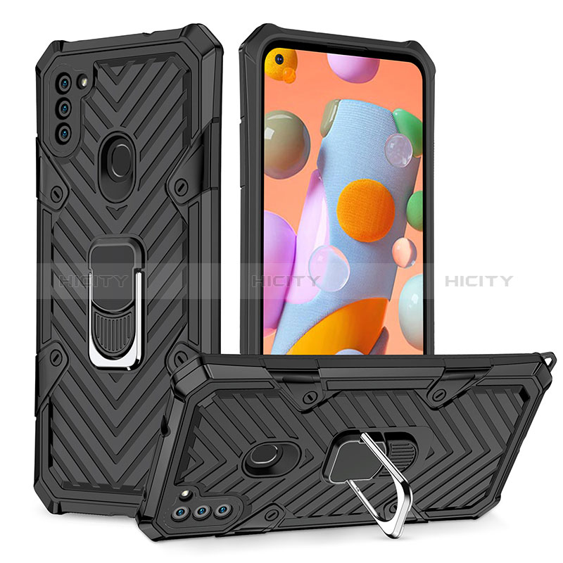 Custodia Silicone e Plastica Opaca Cover con Magnetico Anello Supporto YF1 per Samsung Galaxy M11 Nero