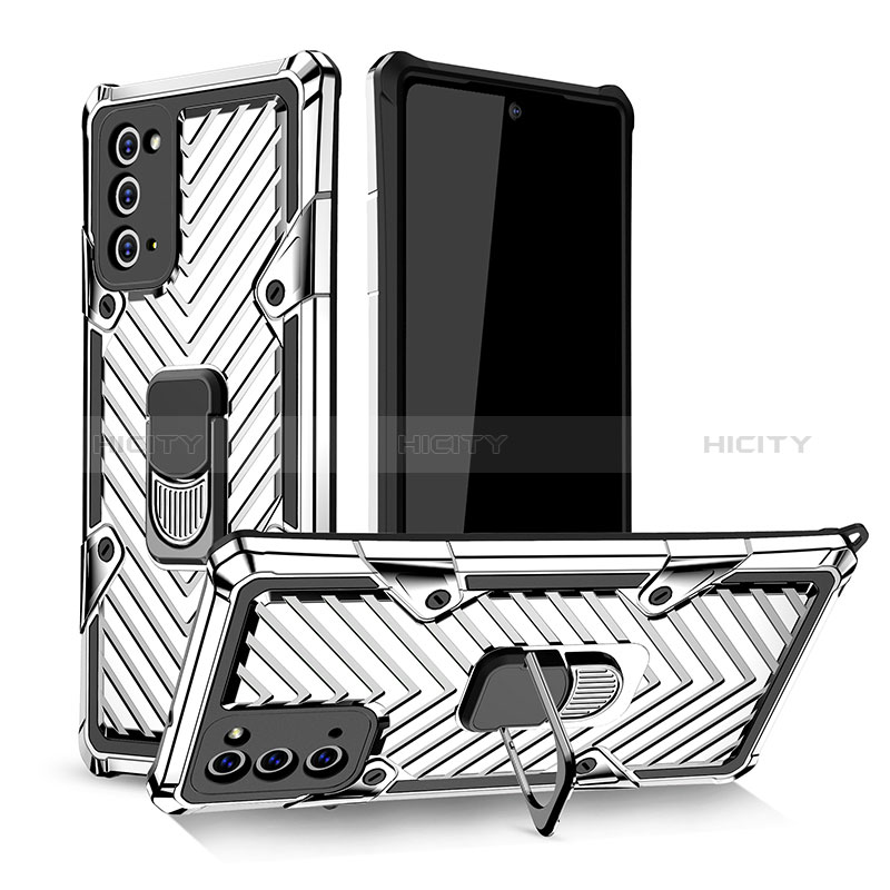 Custodia Silicone e Plastica Opaca Cover con Magnetico Anello Supporto YF1 per Samsung Galaxy Note 20 5G Argento