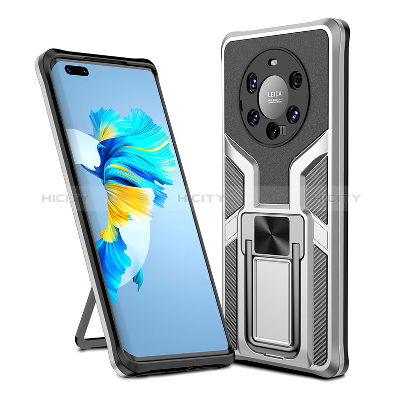 Custodia Silicone e Plastica Opaca Cover con Magnetico Anello Supporto ZL1 per Huawei Mate 40 Pro+ Plus Argento