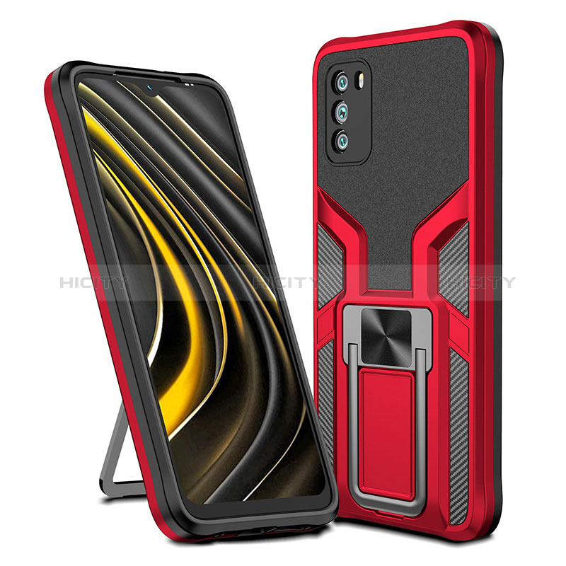 Custodia Silicone e Plastica Opaca Cover con Magnetico Anello Supporto ZL1 per Xiaomi Poco M3 Rosso
