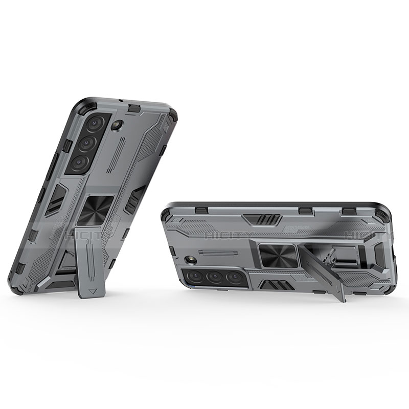 Custodia Silicone e Plastica Opaca Cover con Magnetico Supporto A02 per Samsung Galaxy S21 5G Grigio