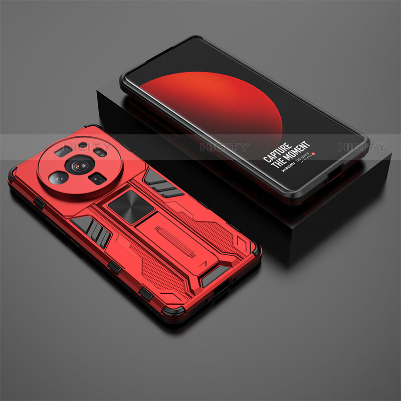 Custodia Silicone e Plastica Opaca Cover con Magnetico Supporto A02 per Xiaomi Mi 12 Ultra 5G Rosso