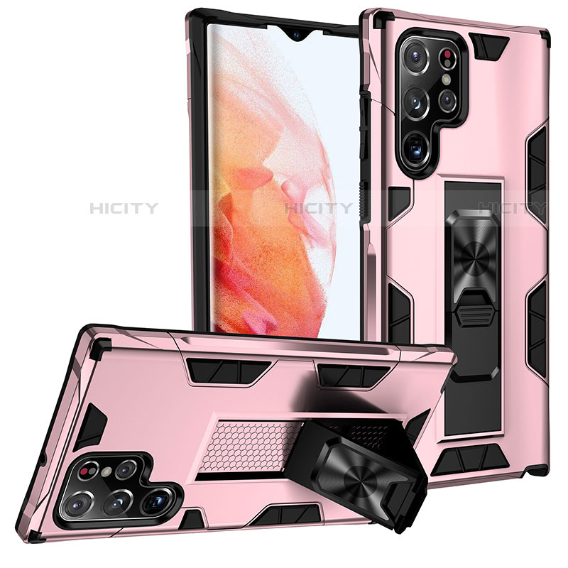 Custodia Silicone e Plastica Opaca Cover con Magnetico Supporto A04 per Samsung Galaxy S21 Ultra 5G Oro Rosa
