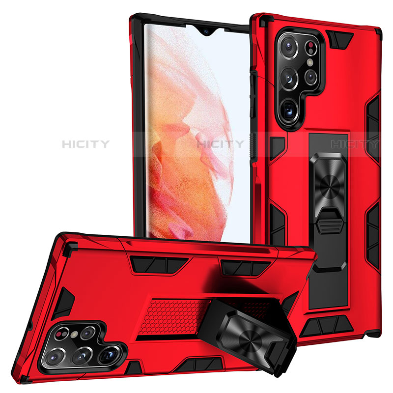 Custodia Silicone e Plastica Opaca Cover con Magnetico Supporto A04 per Samsung Galaxy S21 Ultra 5G Rosso