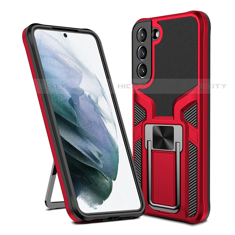 Custodia Silicone e Plastica Opaca Cover con Magnetico Supporto A05 per Samsung Galaxy S21 5G Rosso