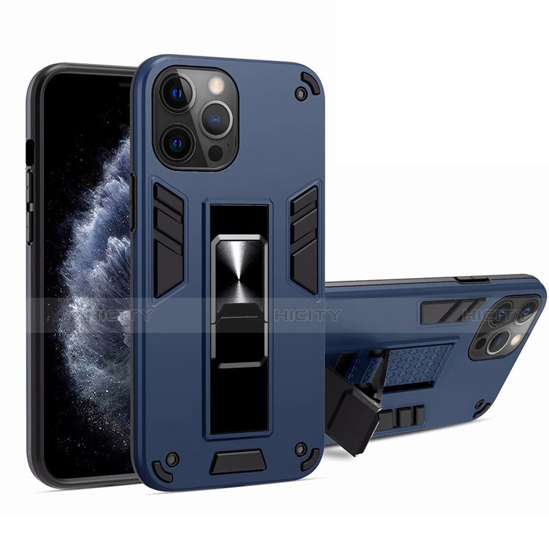 Custodia Silicone e Plastica Opaca Cover con Magnetico Supporto H01 per Apple iPhone 12 Pro Blu