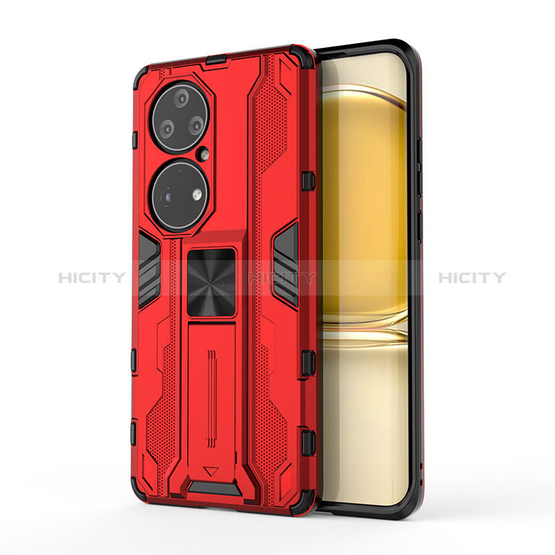 Custodia Silicone e Plastica Opaca Cover con Magnetico Supporto KC1 per Huawei P50 Pro Rosso