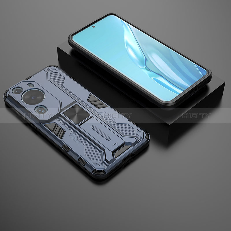 Custodia Silicone e Plastica Opaca Cover con Magnetico Supporto KC2 per Huawei P60 Art Blu